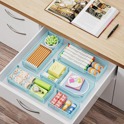 Marbrasse 5 Pack Desk Drawer Organizer Set, Mesh Drawer Storage Trays with 1 Adjustable Divider, Desk Organizers and Accessories, 5 PCS Drawer for Office Supplies, Makeup & Vanity (Blue)