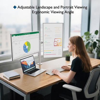 BONTEC Dual Monitor Desk Mount, Full Motion Adjustable White Monitor Stand for 13–27 Inch Screens, Heavy Duty Arms Hold 22 lbs Each, VESA 75x75/100x100, C Clamp and Grommet Base, Cable Management