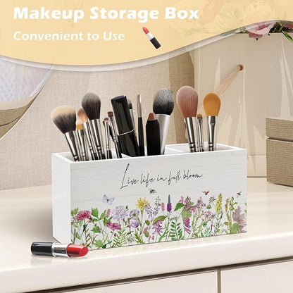 Rustic Spring Floral Pen Holder Organizer, Spring Desk Decor, Live Life in Full Bloom Wildflower Motivational Wooden Pen Pencil Holders for Home Office Desk Accessories