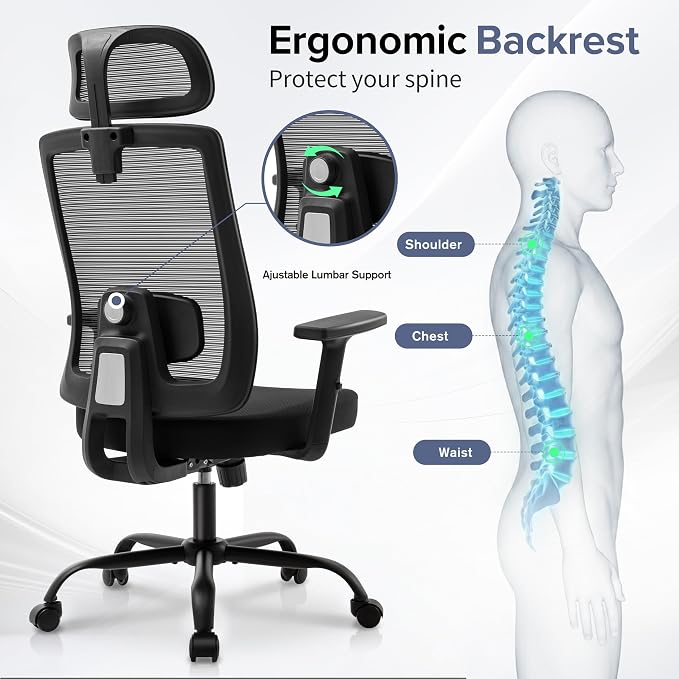 Ergonomic Office Chair with Headrest, Mesh Office Chair for Long Sitting, Comfortable Desk Chair with Flip-Up Arms, Adjustable Swivel Computer Chair for Home Office, Study, Gaming, Black