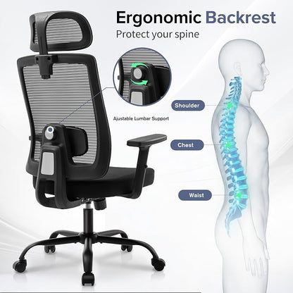 Ergonomic Office Chair with Headrest, Mesh Office Chair for Long Sitting, Comfortable Desk Chair with Flip-Up Arms, Adjustable Swivel Computer Chair for Home Office, Study, Gaming, Black