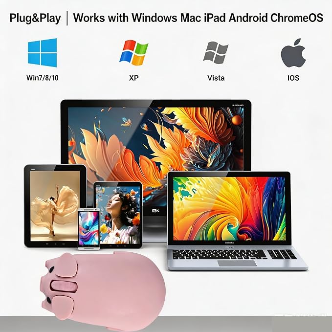 Wireless Mouse Pink Cute Pig Design Bluetooth Dual Mode Portable Compact Lightweight Silent Optical Kawaii Mice for PC Laptop Computer Tablet Macbook Pro/Air Kids Girls Student Home School Office Gift