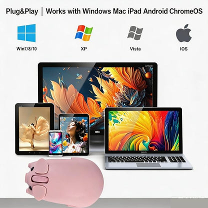 Wireless Mouse Pink Cute Pig Design Bluetooth Dual Mode Portable Compact Lightweight Silent Optical Kawaii Mice for PC Laptop Computer Tablet Macbook Pro/Air Kids Girls Student Home School Office Gift