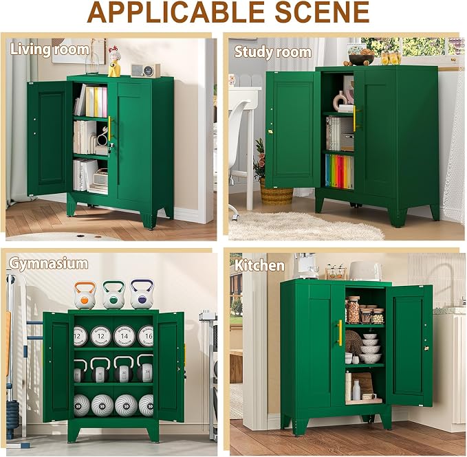 36" Metal Garage Storage Cabinet with Lock,Lockable Office File Cabinet with 2 Doors and 2 Adjustable Shelves,Outdoor Steel Locker Organizer for Home Office,Gym,School,Warehouse(Green)