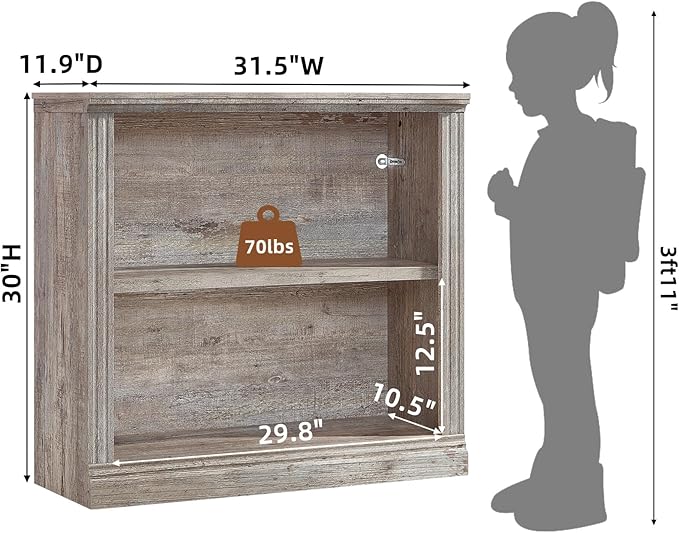 RWYHG 30" Grey Bookshelf Set of 4,2-Tier Thick Wood Book Shelf with Adjustable Shelve,Free Standing Farmhouse Bookcase with Open Display Storage,Floor Vintage Bookshelves for Living Room,Office