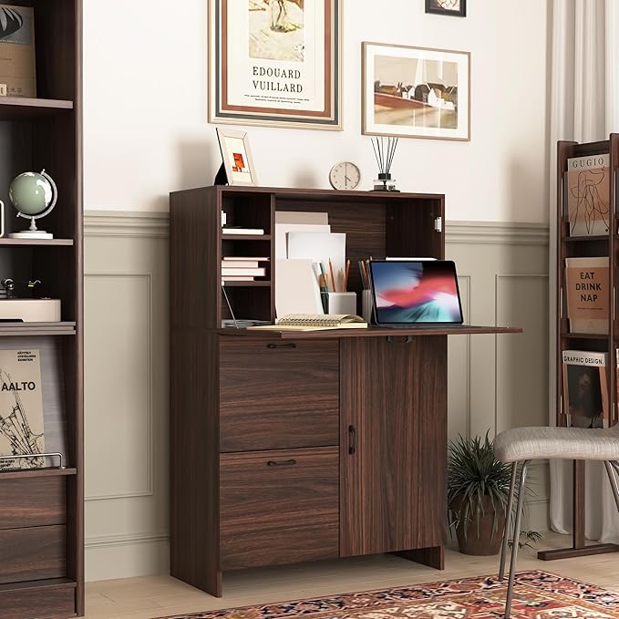 CIATRE Desk Cabinet, with Storage Drawer & Shelves, Fold-up Desktop, Ideal for Home, Office, Dormitory, Small Spaces W31.49 xD13.78 xH47.2