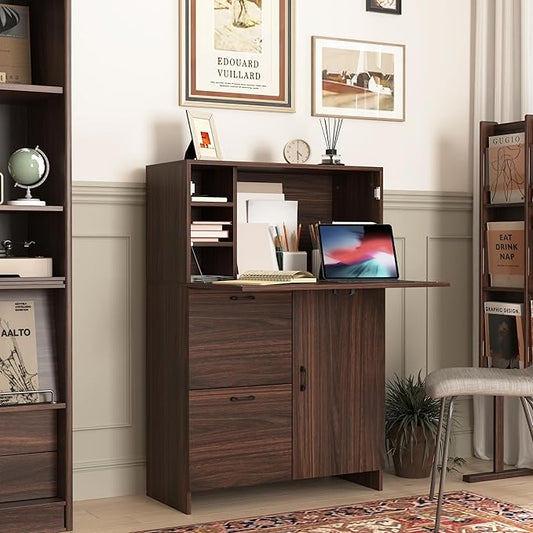 CIATRE Desk Cabinet, with Storage Drawer & Shelves, Fold-up Desktop, Ideal for Home, Office, Dormitory, Small Spaces W31.49 xD13.78 xH47.2