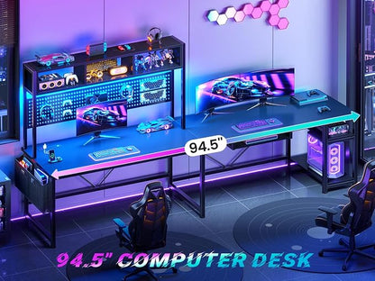 SEDETA L Shaped Gaming Desk, Reversible Computer Desk with Power Outlet and Pegboard, Gaming Desk with Led Lights, Keyboard Tray and Storage Bag for Home Office, Black