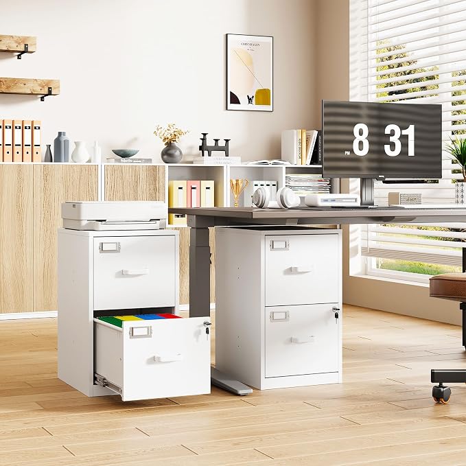 2-Drawer File Cabinet with Lock, Small Filing Cabinet Organizer for Hanging A4/Letter/Legal Size Folder, Under Desk Vertical Filing Cabinets for Home Office, Printer Stand, White