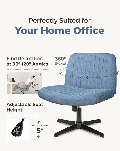 NEO Chair Criss Cross Chair No Wheels, Armless Cross Legged Office Desk Chair, Vanity Makeup Fabric Computer Comfy Adjustable Swivel Ergonomic Living Bedroom for Home Office (Fabric Blue)