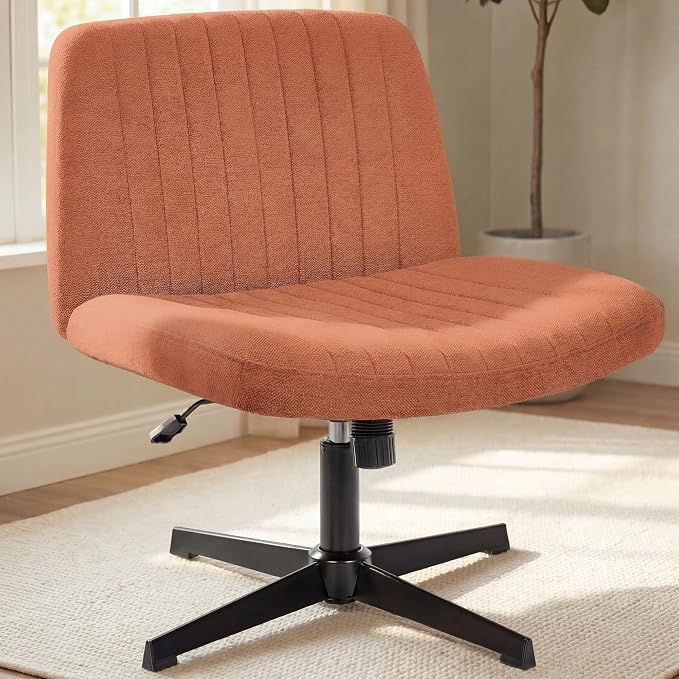 NEO CHAIR Criss Cross Chair No Wheel Vanity Desk Chair Wide Armless Cross Legged Office Comfy Makeup Adjustable Computer Task for Home Office Fabric (Brown)
