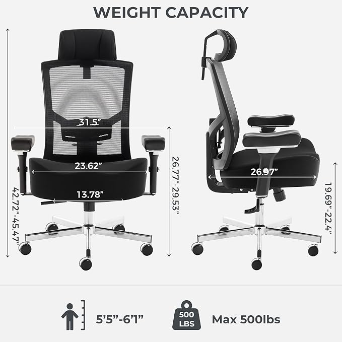Big and Tall Office Chair 700lbs with Ergonomic W Wide Thick Seat Cushion, Oversized Mesh Desk Chair with Adjustable Lumbar for Heavy People, Computer Chair with 4D Armrest Headrest