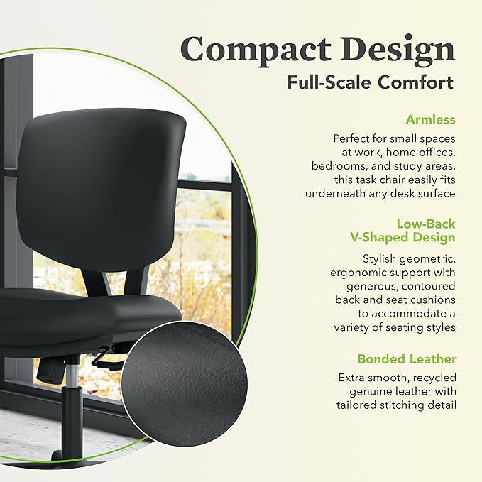 HON Volt Ergonomic Office Chair with Bonded Leather Seat and Back, Armless Desk and Computer Chair with Adjustable Center‑Tilt Recline and Wheels for Home Office or Workstation, Black