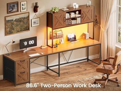 SEDETA Farmhouse L Shaped Desk with Hutch, Reversible 86.6" Home Office Two Person Desk with Drawers and LED Light, Corner Gaming Desk with Power Outlet and Storage Shelves, Brown
