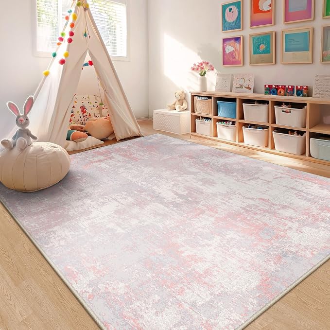 RELEANY Washable Area Rugs 9'x12' Non-Slip Modern Abstract Soft for Living Room Entryway Bedroom Kitchen, Print Pattern, Grey Pink