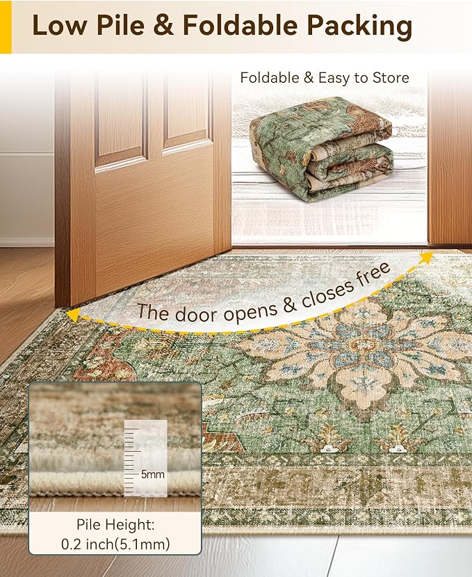 RELEANY Area Rugs 7'x9' Washable Non-Slip, Floral Vintage Distress Medallion Carpet for Living Room Bedroom Dining Room, Terracotta Burnt Orange Green