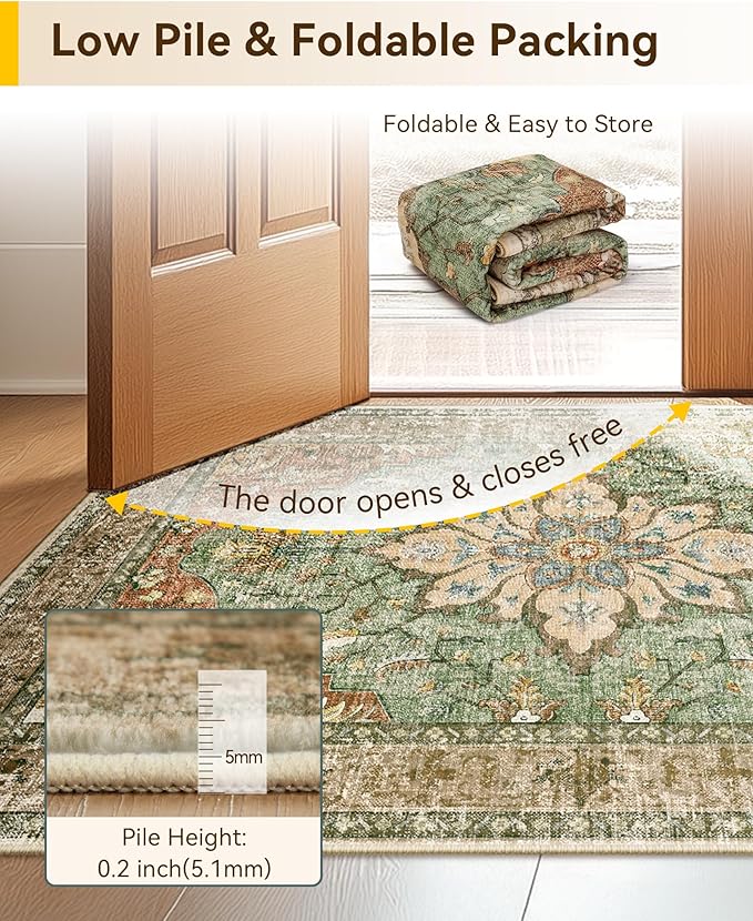 RELEANY Area Rugs Small 2'x4' Washable Non-Slip, Floral Vintage Distress Medallion Carpet for Kitchen Entryway Bathroom, Terracotta Burnt Orange Green