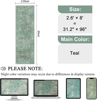 DUKINO 2.6x8 Rug for Hallway, Washable Kitchen Runner Rug with Non Slip Backing, Soft Low Pile Vintage Animal Runner for Bedroom, Kitchen, Hallway, Entryway, Laundry, Teal