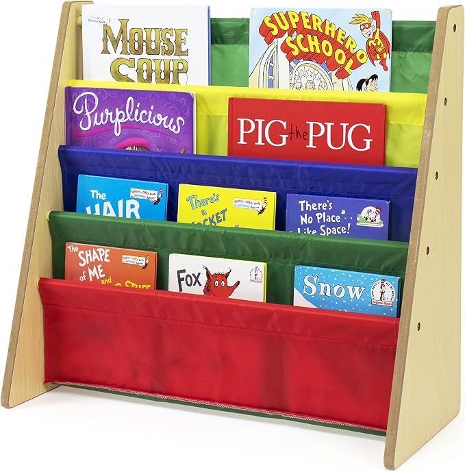 Humble Crew Kids Bookshelf, 4-Tier Front-Facing Book Display Organizer, Montessori Toddler Bookcase for Playroom, Bedroom & Reading Corner, Natural Wood/Primary