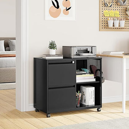 Storage Filing Cabinets Office Drawers Rolling File Cabinet Printer Stand Lateral Mobile Under Desk Organizer Lateral Filing Cabinet with Wheels Adjustable Shelves Printer Table for Home Office Black