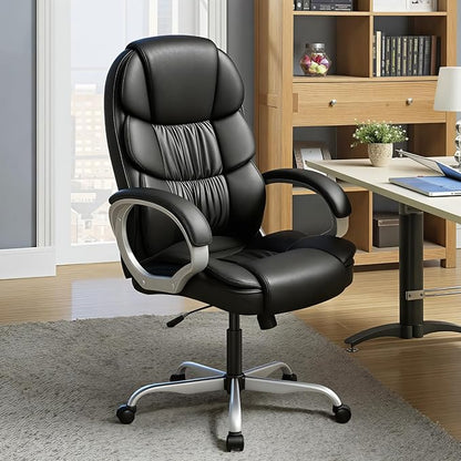 Furmax Leather High Back Office Chair Ergonomic Executive Office Chair Swivel Computer Desk Chair Lumbar Support Soft Cushioned Padded Arms (Ink Black)