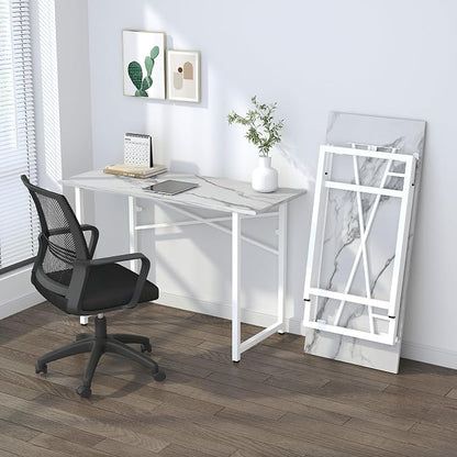 Lutown-Teen 47 inch Folding Desk No Assembly Required, Writing Gaming Computer Camping Table, Home Office Desk, White Marble