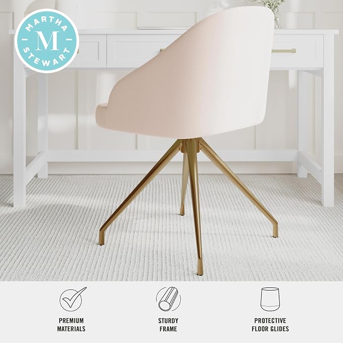 Martha Stewart Sora Stationary Swivel Task Chair with Sloped Arms for Home Office in Conch Shell Fabric with Polished Brass Frame