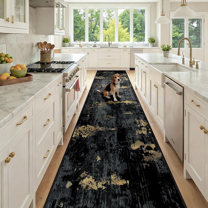 RELEANY Washable Area Rugs 3x12 Non-Slip Modern Abstract Soft for Living Room Entryway Bedroom Kitchen, Print Pattern, Dark Black Gold
