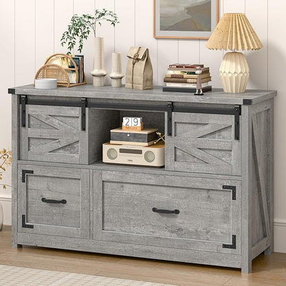 Halitaa Lateral File Cabinets 2 Drawer with Sliding Barn Doors, Farmhouse Filing Cabinet with 2 Drawer for Home Office，Filing Organization Storage Cabinets for Hanging Files Letter/Legal/F4/A4. Grey