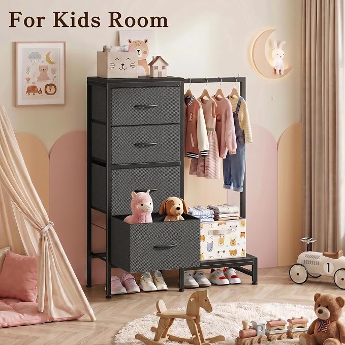 HIGDBFE Dresser with Hanging Rack, 4 Drawers Small Closet for Bedroom, Reversible Fabric Kids Chest of Drawers with Clothes Rack, Tall Storage Tower, Sturdy Frame, Grey, 44''H