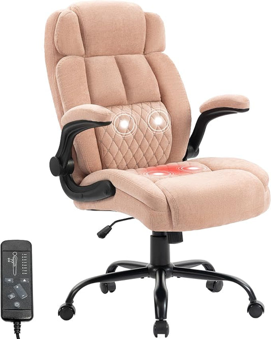 Massage Office Chair,500LBS Ergonomic Rocking Executive Desk Chairs with 4 Points Vibration&Heat,Padded Flipup Armrests for Big and Tall Office Chair,Swivel Computer Chair Fabric Pink