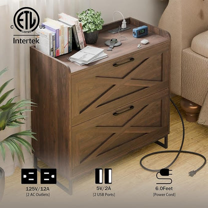 Vabches Lateral File Cabinet 2 Drawer File Cabinet with Charging Station, Modern Farmhouse Large Wood File Storage Cabinet for Home Office Furniture(Dark Walnut)