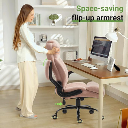 Office Chair, Big and Tall Executive Chairs with Lumbar Support for Back Pain, Breathable Fabric Desk Computer Chair with Adjustable Flip-up Armrests,Wide Cushion Swivel Home Office Chair Black,Pink