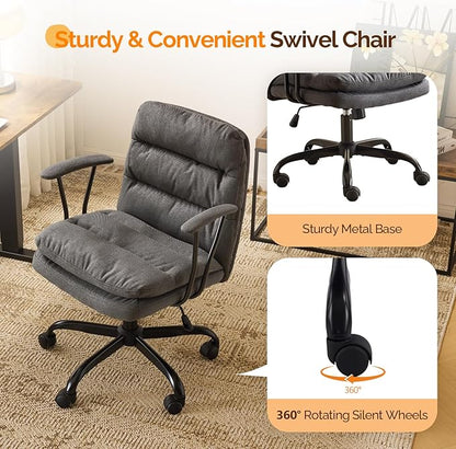 VINGLI Padded Grey Desk Chair with/No Wheels,Dual-Base,Removable Armrests,Adjustable Comfy Rolling Swivel Computer Task Nail Tech Chair for Home Office,Sewing,Makeup Vanity,Teen,Linen Fabric