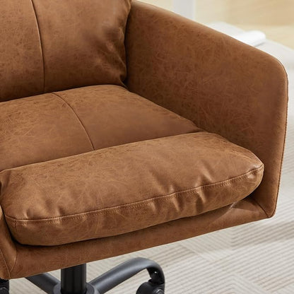 YITAI Adjustable Home Office Desk Chair with Comfy Square Mid-Back, Faux Leather 360 Swivel Upholstered Task Armchair with Wheels for Vanity Bedroom/Living Room,Study Brown