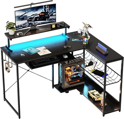 L Shaped Gaming Desk with Power Outlets & RGB Lights, 46'' L- Shaped Desk Computer Corner Desk with Monitor Stand & Storage Shelf & Hook, Home Office Desk Writing Desk, Black