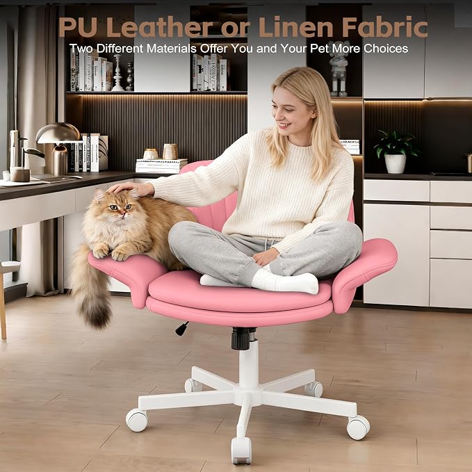 Vonesse Criss Cross Office Chair with Wheels & Armrests, Height Adjustable Vanity Chair, Makeup Chairs with Side Pockets Design, Comfortable Computer Desk Chairs for Home (PU Leather,Pink)