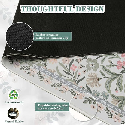 iCasso Aesthetic Floral Desk Mat, L Mouse Pads, Anti-Slip Mousepad with Stitched Edges, Waterproof Computer Pad 11.8"x31.5", Desk Accessories Office Decor for Women(Gray Floral)