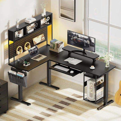 Flycity Electric L Shaped Standing Desk Adjustable Height, 67" x 47" Corner Computer Desk with Host Shelf, Gaming Desk with LED Lights & Power Outlet, Dual Motor Home Office Desk with Storage, Black