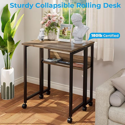GreenForest Folding Desk with Wheels, 24.8 Inch Compact Rolling Computer Table with Storage Shelf, Portable Mobile Workstation for Small Spaces, Easy Assembly,Grey Wash