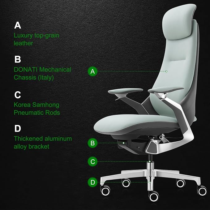 Ergonomic Executive Leather Office Chair-High Back Top Grain Leather with Adjustable Headrest, 3-Position Recline (90°-135°), Tension Control & Height Adjustment, Italian DONATI Base