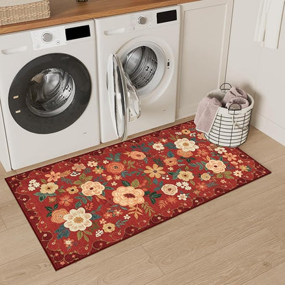 DUKINO 2x4 Rug for Entryway, Washable Kitchen Floral Runner Rug with Non Slip Backing, Low Pile Soft Boho Carpet for Kitchen, Hallway, Entryway, Laundry, Bedroom, Red