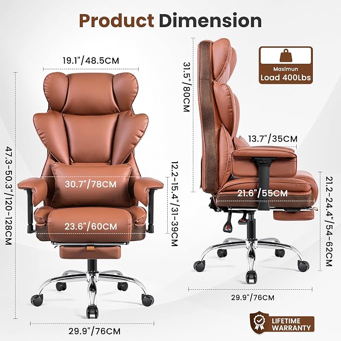 BESTFAIR Big and Tall Office Chair - 400 LBS Capacity Executive Chair with High Back & Footrest, Ergonomic Office Chair for Heavy People, Wide Padded Seat Computer Gaming Chair, Brown 2 Pack