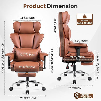 BESTFAIR Big and Tall Office Chair - 400 LBS Capacity Executive Chair with High Back & Footrest, Ergonomic Computer Gaming Chair for Heavy People, Wide Padded Seat, Brown PU Leather