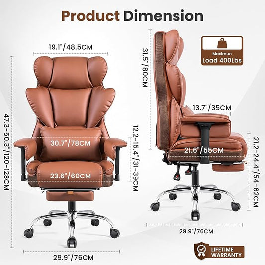 BESTFAIR Big and Tall Office Chair for Heavy People - 400 LBS Capacity Executive Chair with High Back & Footrest, Ergonomic Wide Padded Leather Seat Computer Gaming Chair, Terracotta Brown