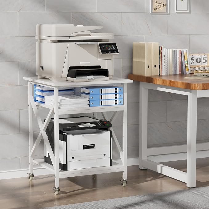 3 Tier Printer Stand, Large Table with Wheels, Rolling Cart with Height Adjustable Middle Storage Shelf, 23.6 x 23.6 x 30.3 Inches Shelf for Home Office, White