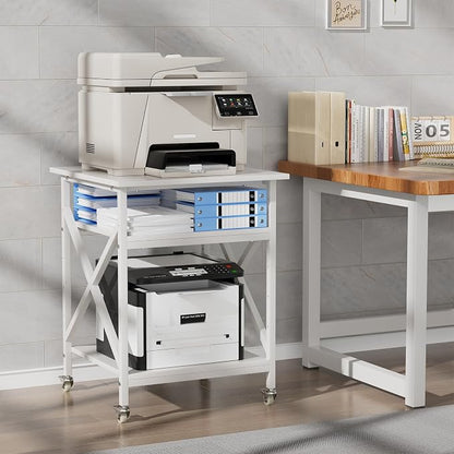 3 Tier Printer Stand, Large Table with Wheels, Rolling Cart with Height Adjustable Middle Storage Shelf, 23.6 x 23.6 x 30.3 Inches Shelf for Home Office, White