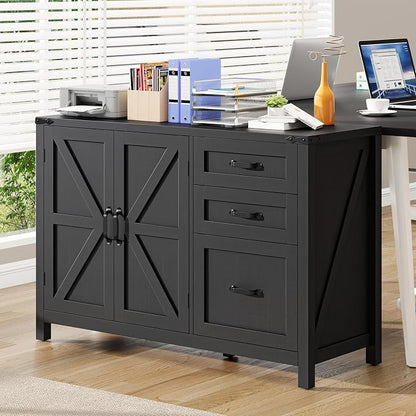 Befrases Farmhouse File Cabinet with Doors, Lateral Filing Cabinet with 3 Drawers for Letter/A4 Size Hanging Files, Large Wooden Storage Cabinet with Adjustable Shelves for Home Office, Black