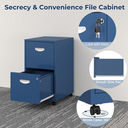 UNICOLY 2 Drawer File Cabinet with Lock, Filing Cabinets with Wheels, Rolling File Cabinets for Home Office, Metal Office File Cabinet, Mobile Filing Cabinet for Holding Letters and File Boxes, Blue