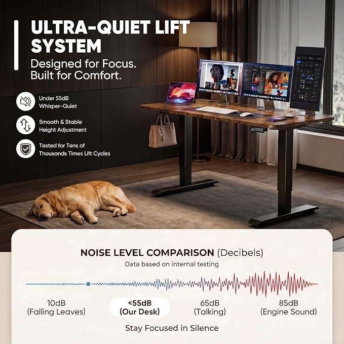 Furmax Electric Height Adjustable Standing Desk Large 48 x 24 Inches Sit Stand up Desk Home Office Computer Desk Memory Preset with T-Shaped Metal Bracke, Brown